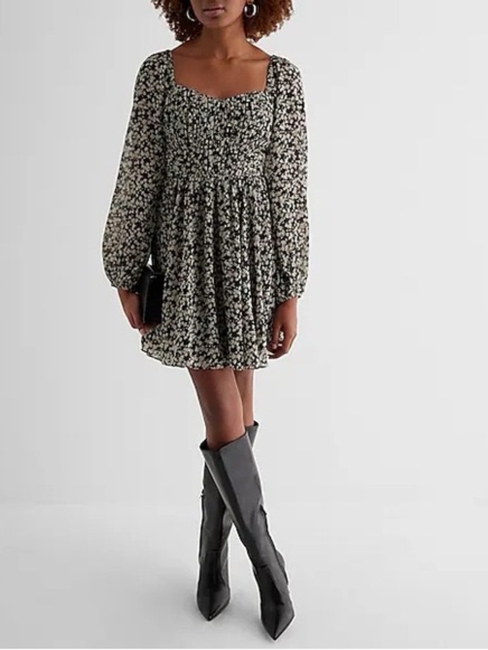 Express Black & White Floral Long Sleeve Smocked Mini Dress | Size M